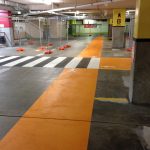 Pedestrian walkways in underground parking bay Pedestrian walkways in underground parking bay
